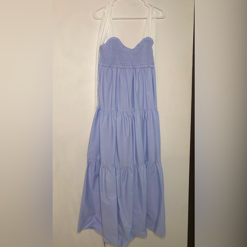 Lalavon Smocked Bodice Baby Blue Maxi Dress with Tie Straps